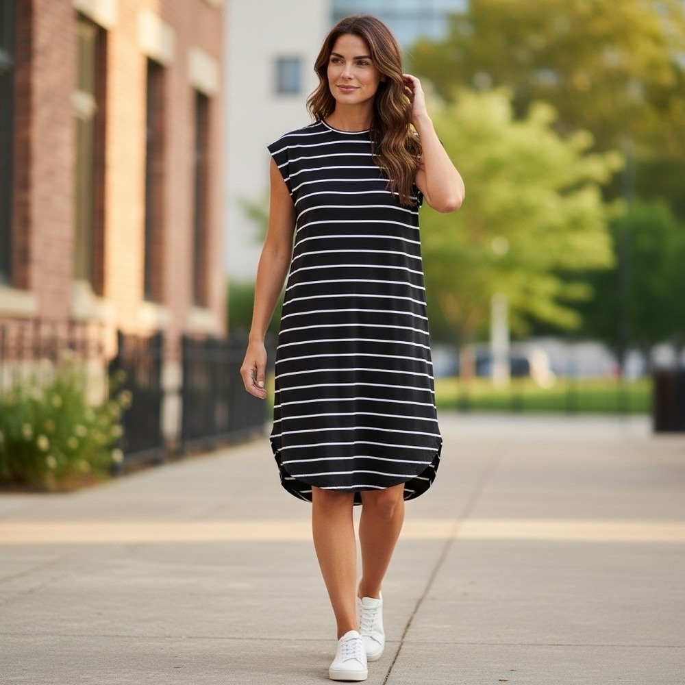 Emery Rose Womens Black White Striped Crew Neck High Low T-Shirt Dress 2XL